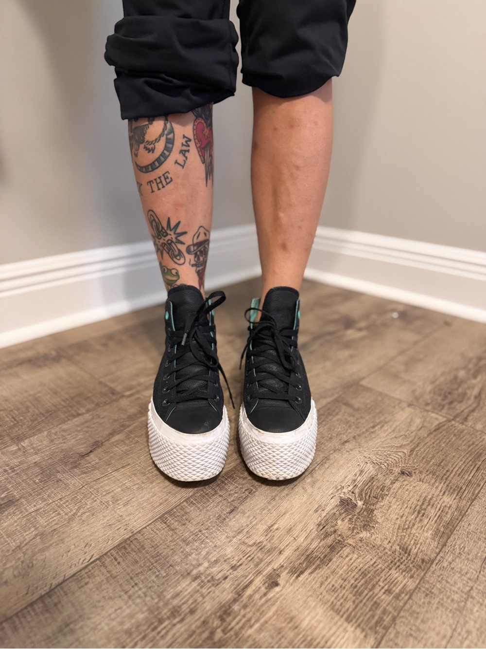 Vans Black Canvas Platform Sneakers with White Textured Sole and Mint Accents